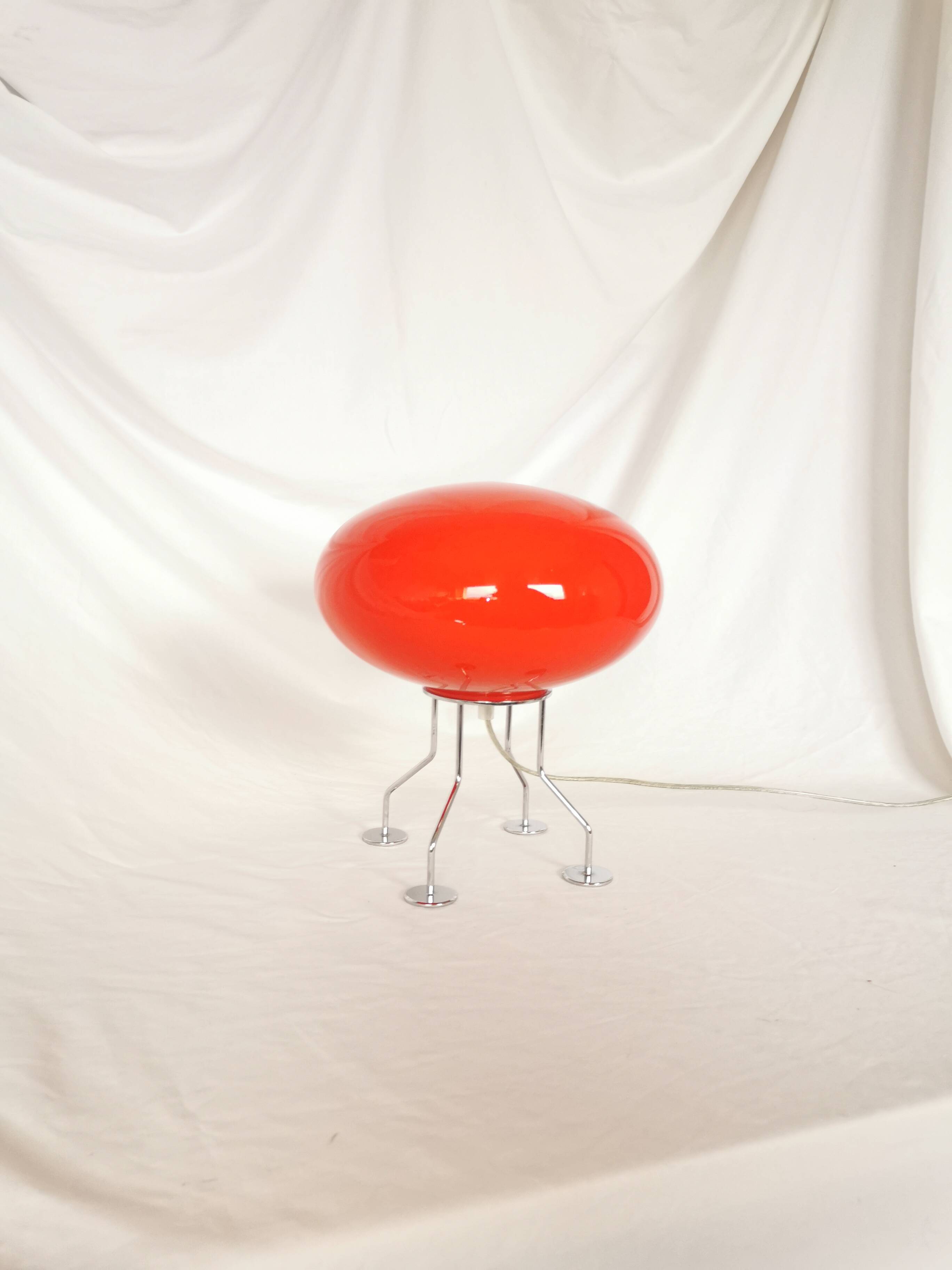 Red ufo mushroom lamp, space age, opaline and chrome steel.