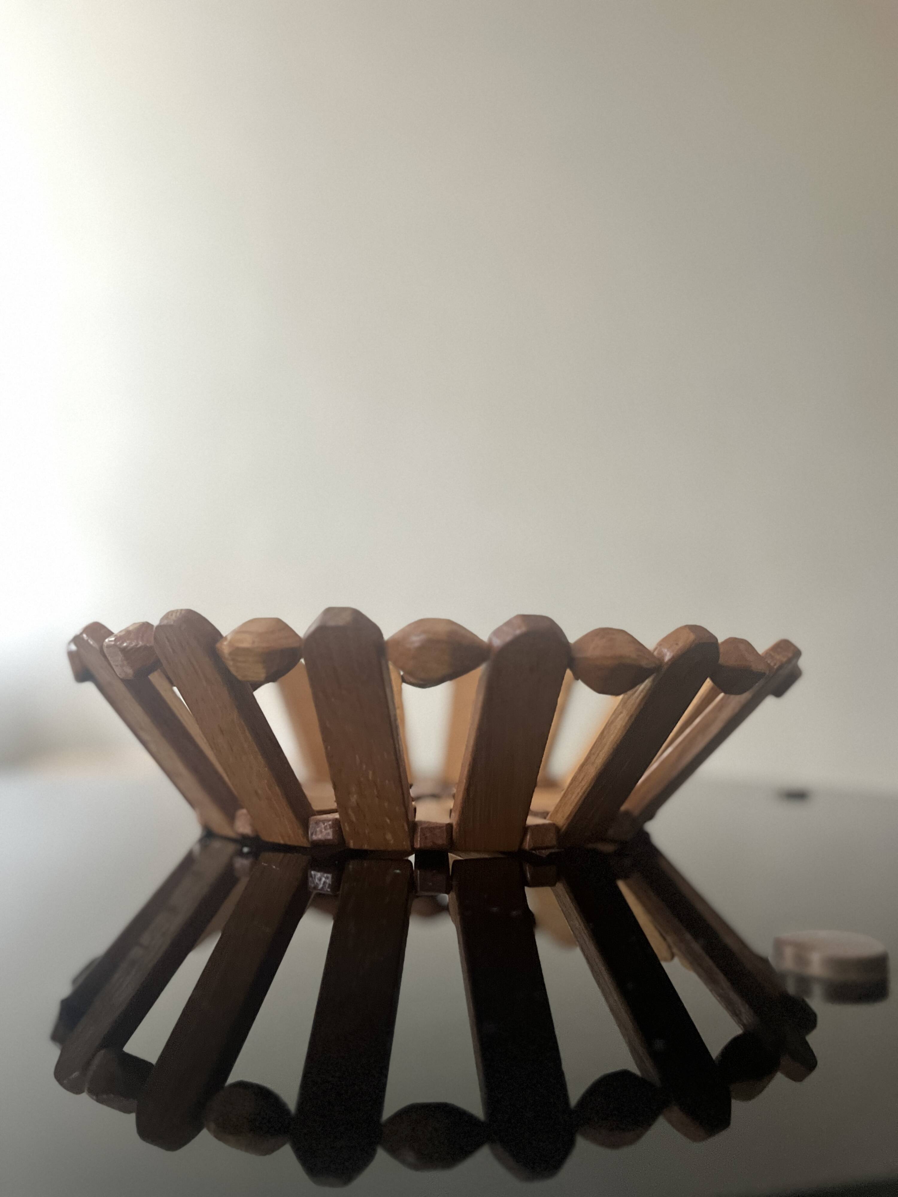 geometric olive wood basket, France 1970