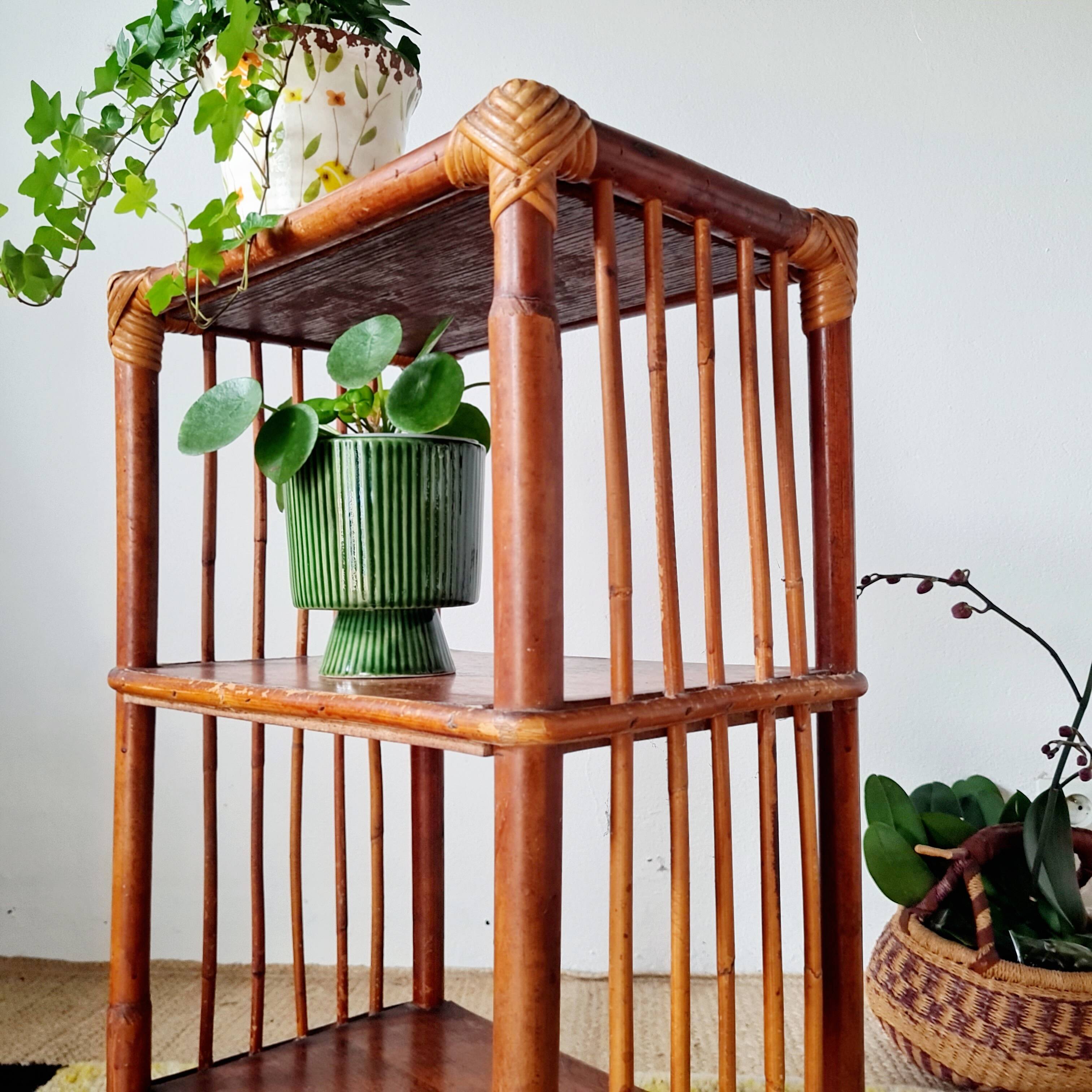 Etagère ancienne - bibliothèque rotin bois patinée