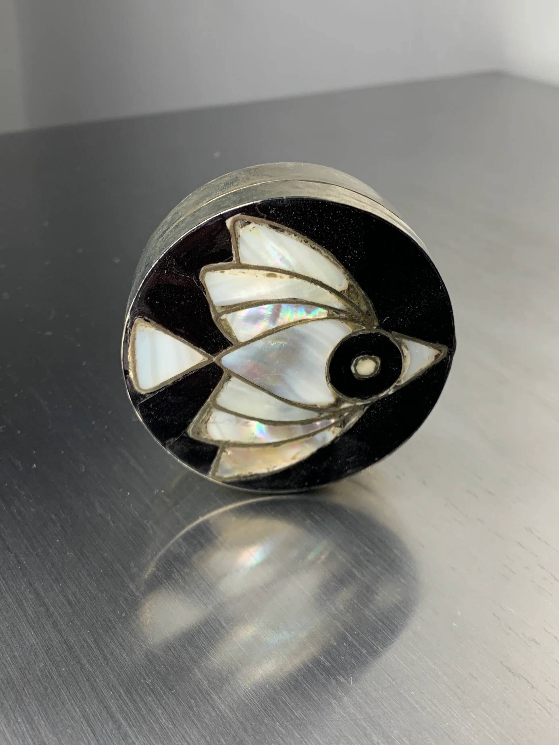Abalone shell & alpaca silver fish box, Mexico, 1970s