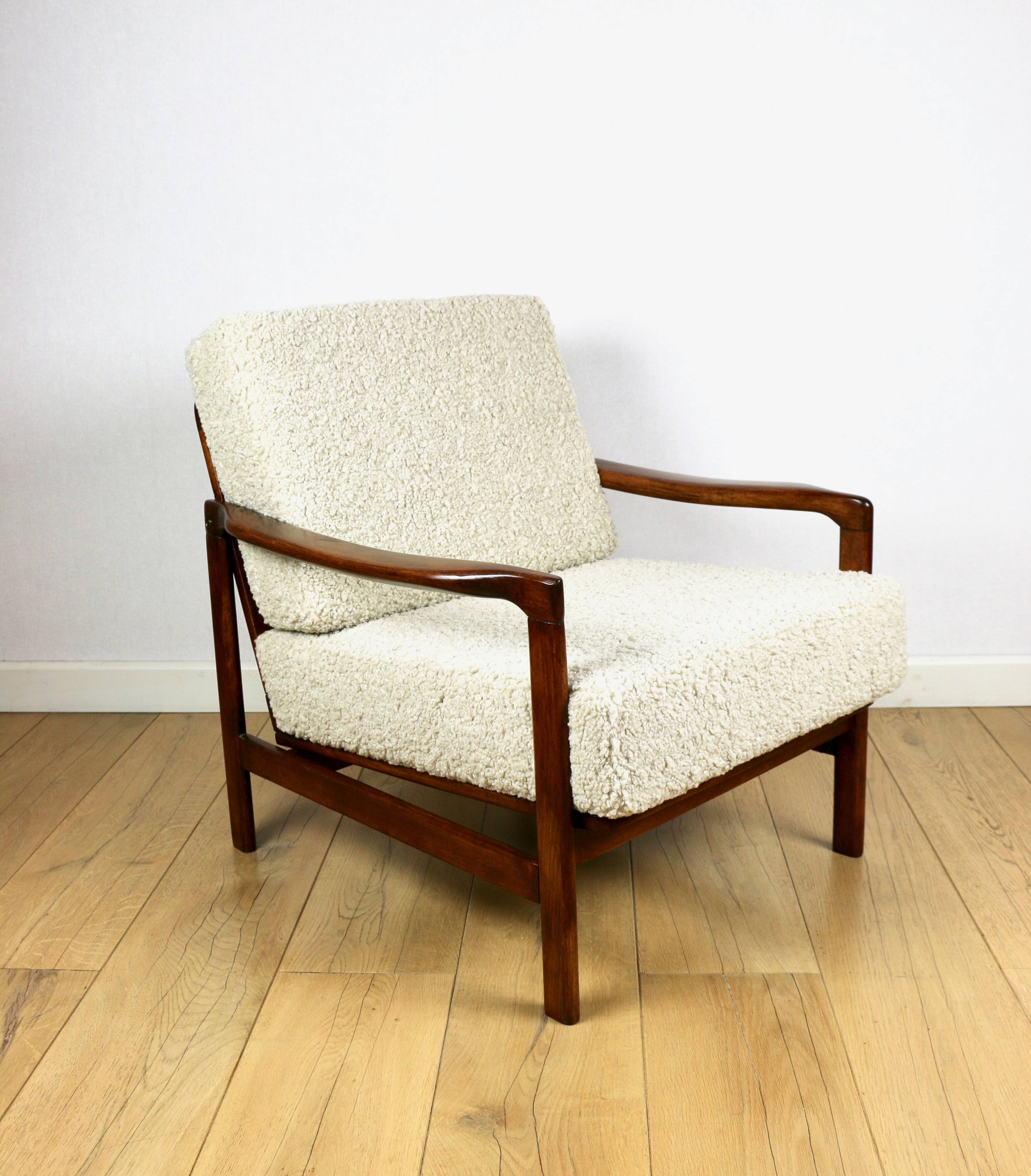 Wooden vintage brown armchair beige ivory long pile boucle design by Z. Bączyk - 2 pieces available