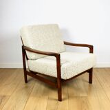 Wooden vintage brown armchair beige ivory long pile boucle design by Z. Bączyk - 2 pieces available