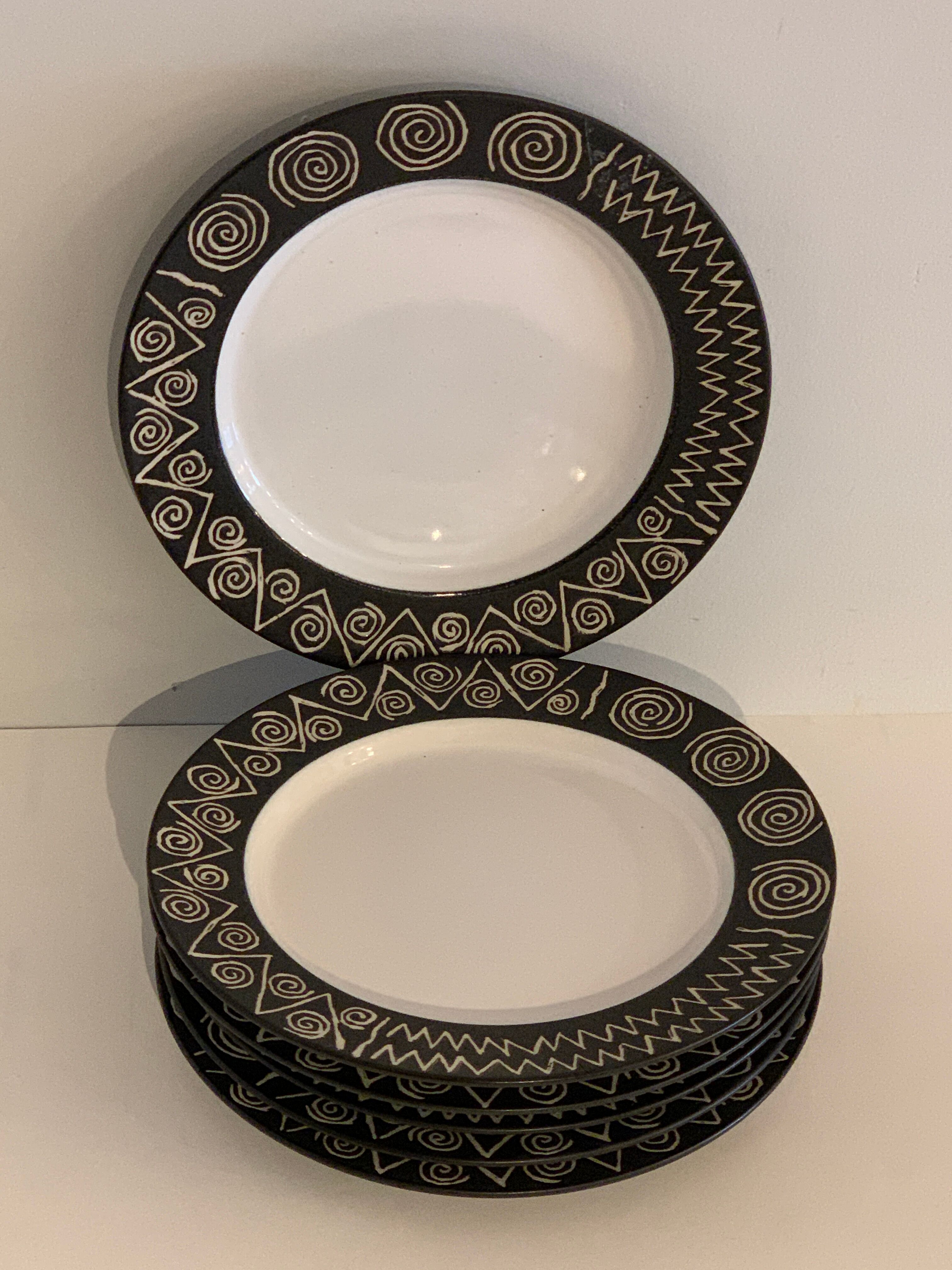 6 black and white dessert plates Scraffito, Habitat Japan, 1970
