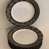 6 black and white dessert plates Scraffito, Habitat Japan, 1970