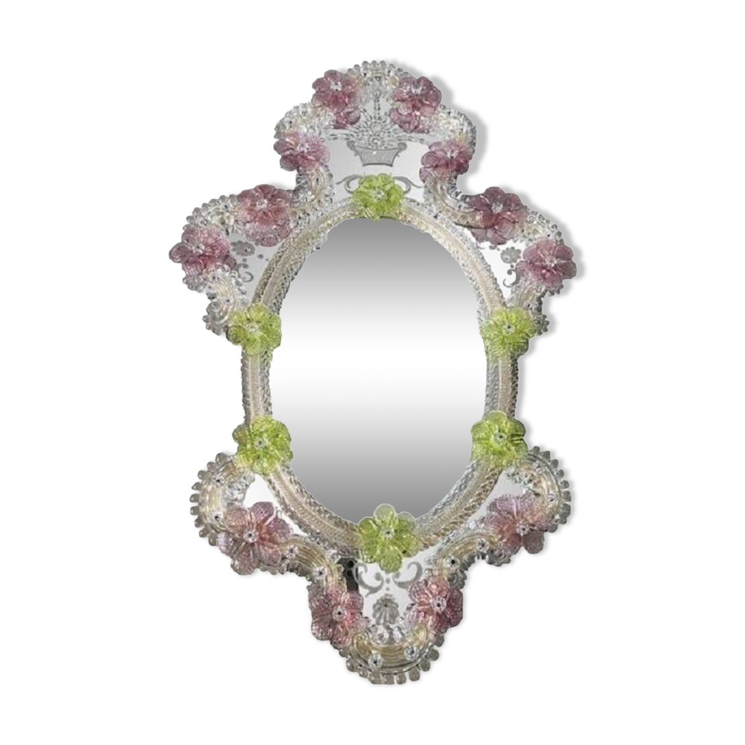 2000s Venetian Oval Green and Pink Floreal Hand-Carving Mirror in Murano Glass Style