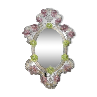 2000s Venetian Oval Green and Pink Floreal Hand-Carving Mirror in Murano Glass Style