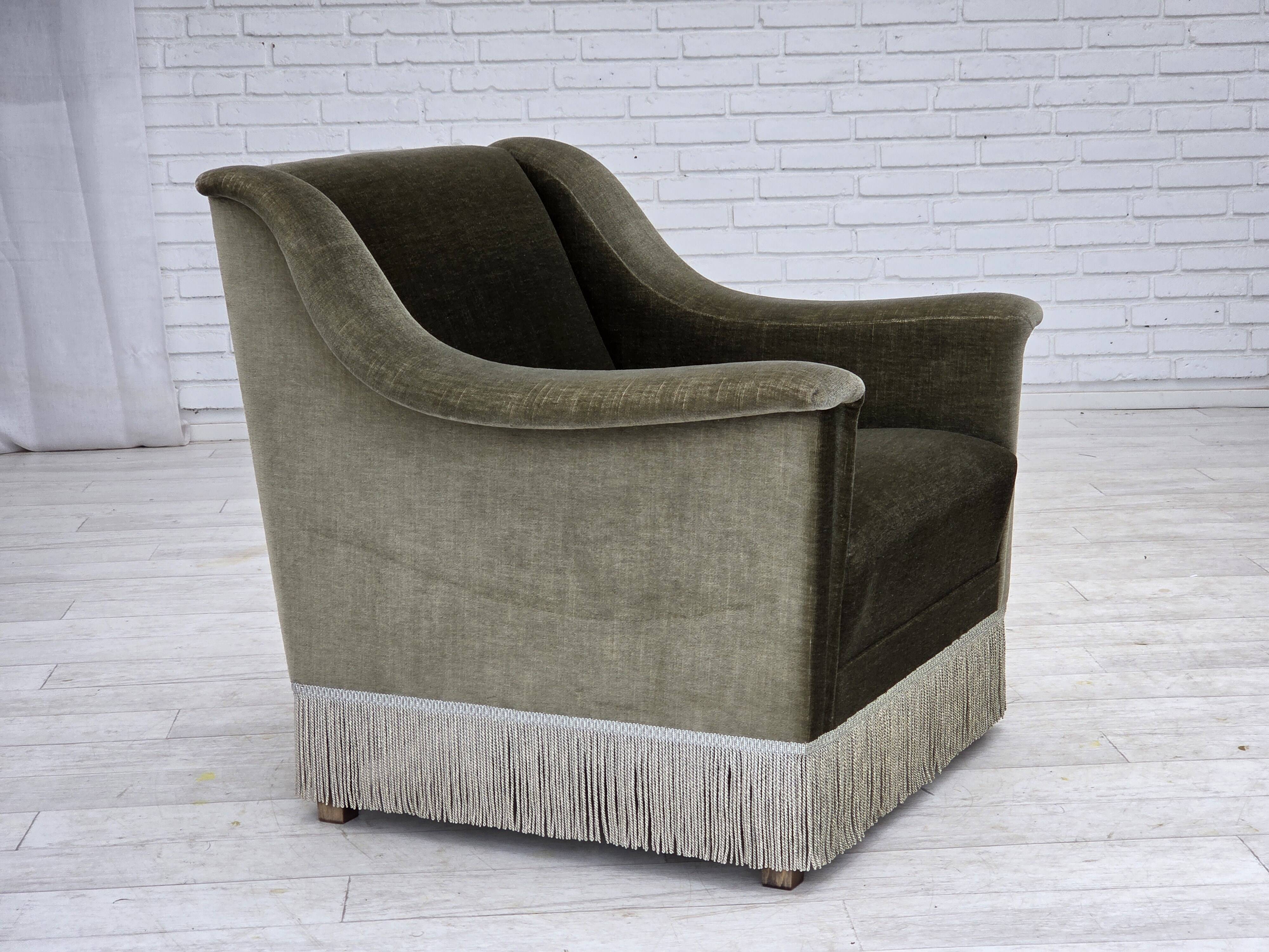 1970s, Danish armchair, original green furniture velour, beech wood.