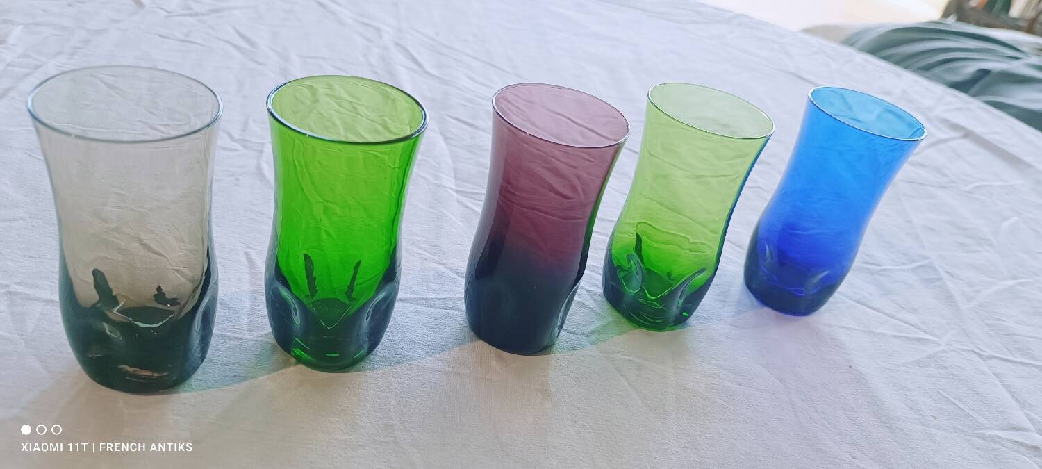 5 aperitif glasses, smoked glass, Portieux glassworks, 1970s