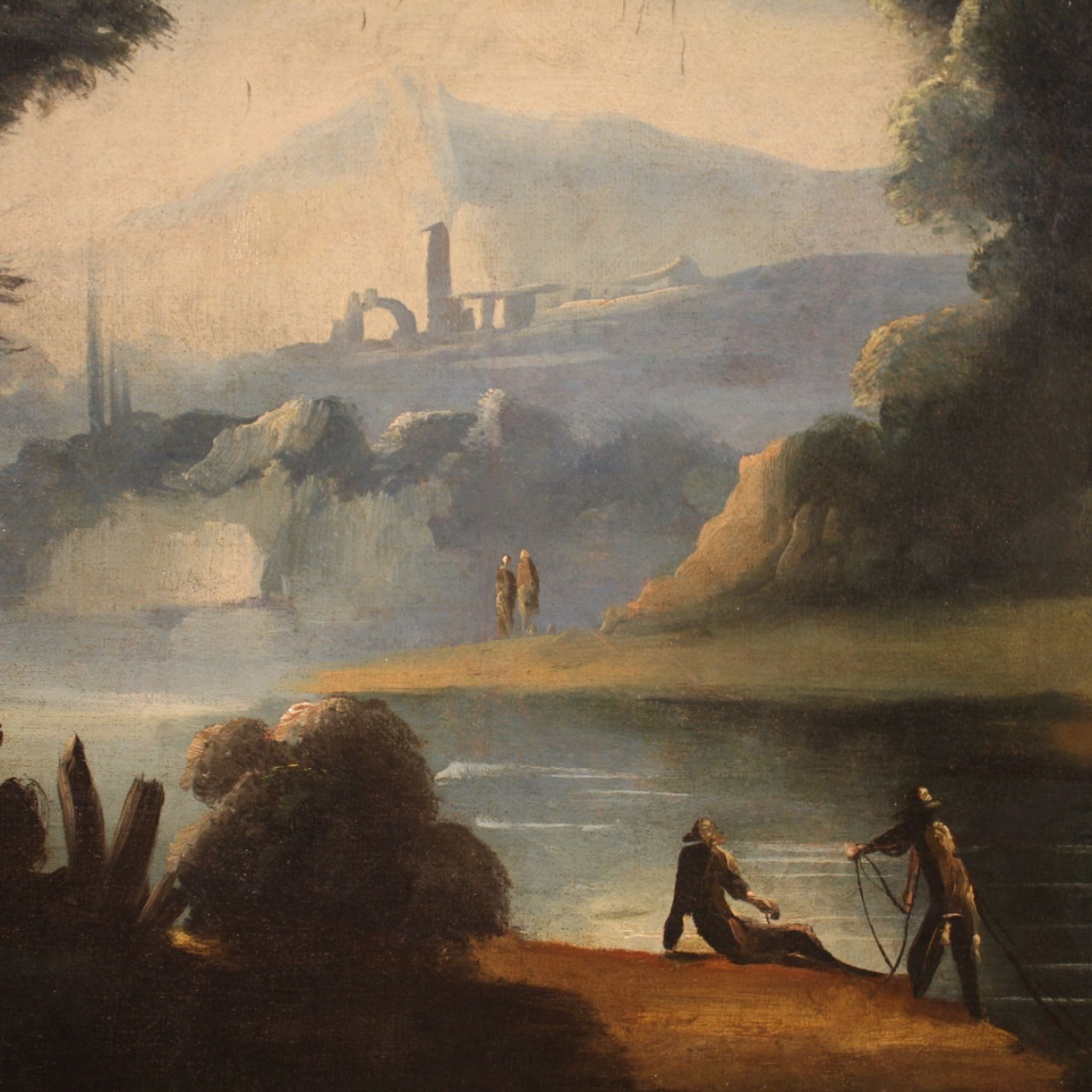 Antique painting river landscape with ruins and fishermen from the XVIIIth century