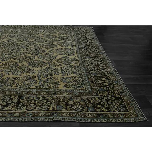 1970s Vintage Persian Handmade Wool Cotton Green Area Rug 265x368