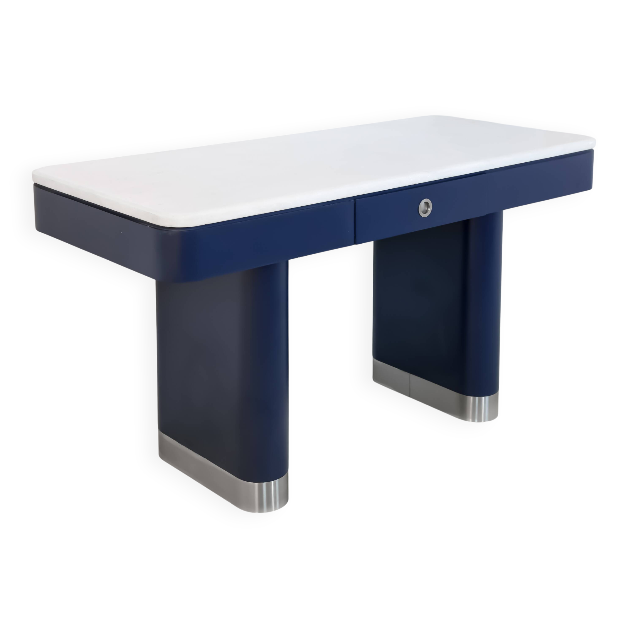 Table bleue vintage de style moderne du milieu du siècle avec plateau en marbre blanc