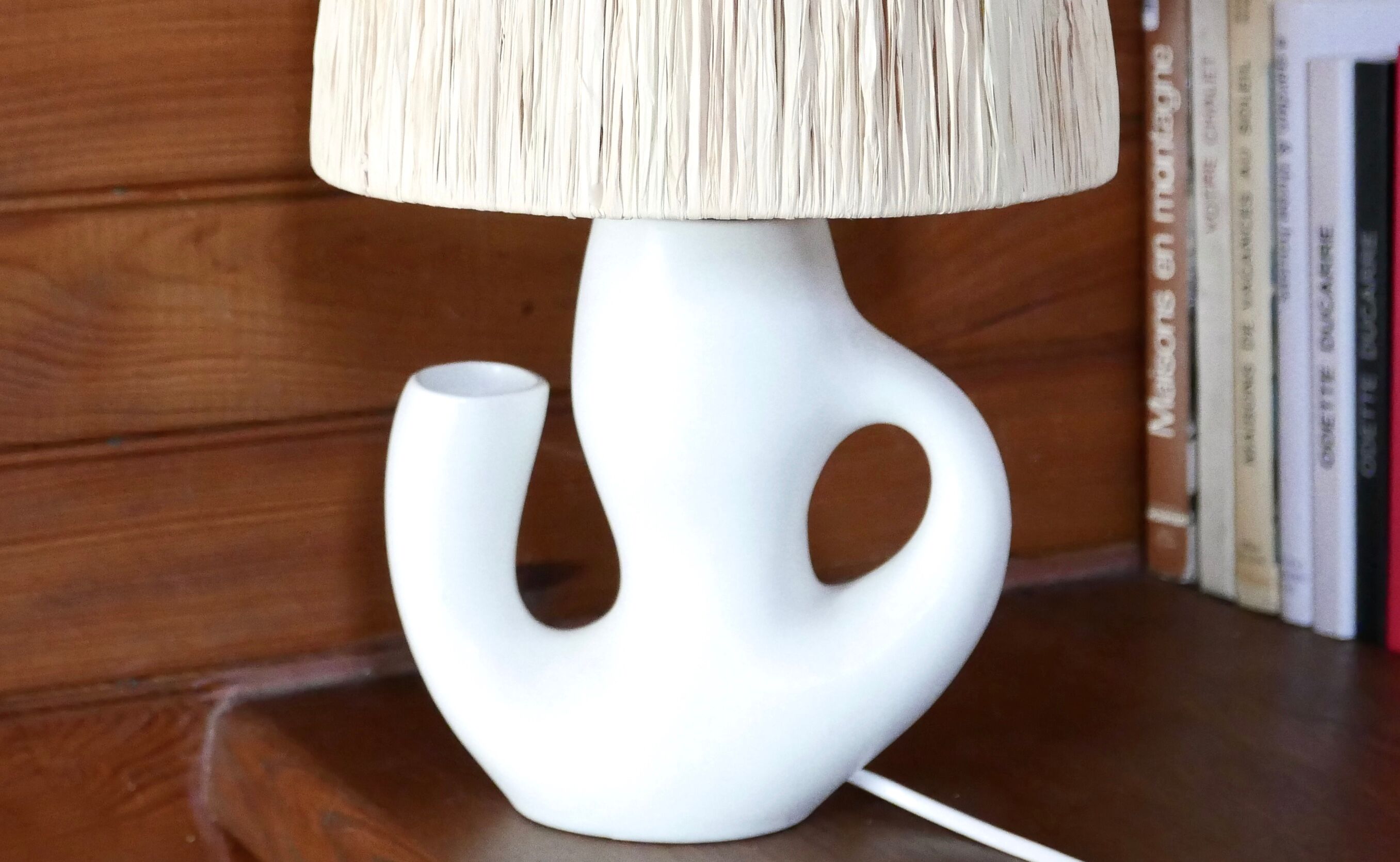 Revernay ceramic white lamp, raffia lampshade, 1950s