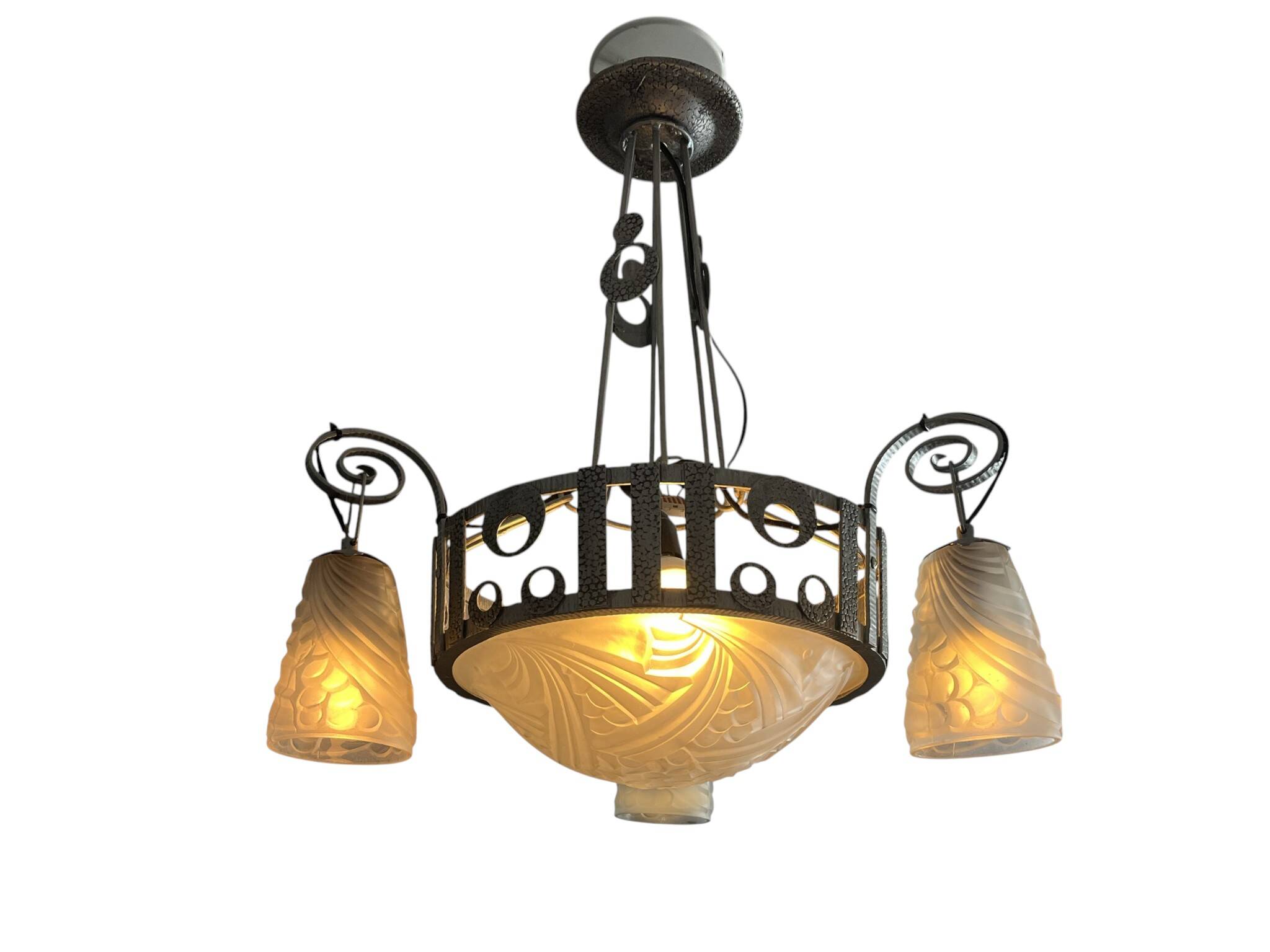 Art Deco, 4-light chandelier, wrought iron, pressed glass, Dugué Negra, circa 1930.