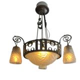 Art Deco, 4-light chandelier, wrought iron, pressed glass, Dugué Negra, circa 1930.