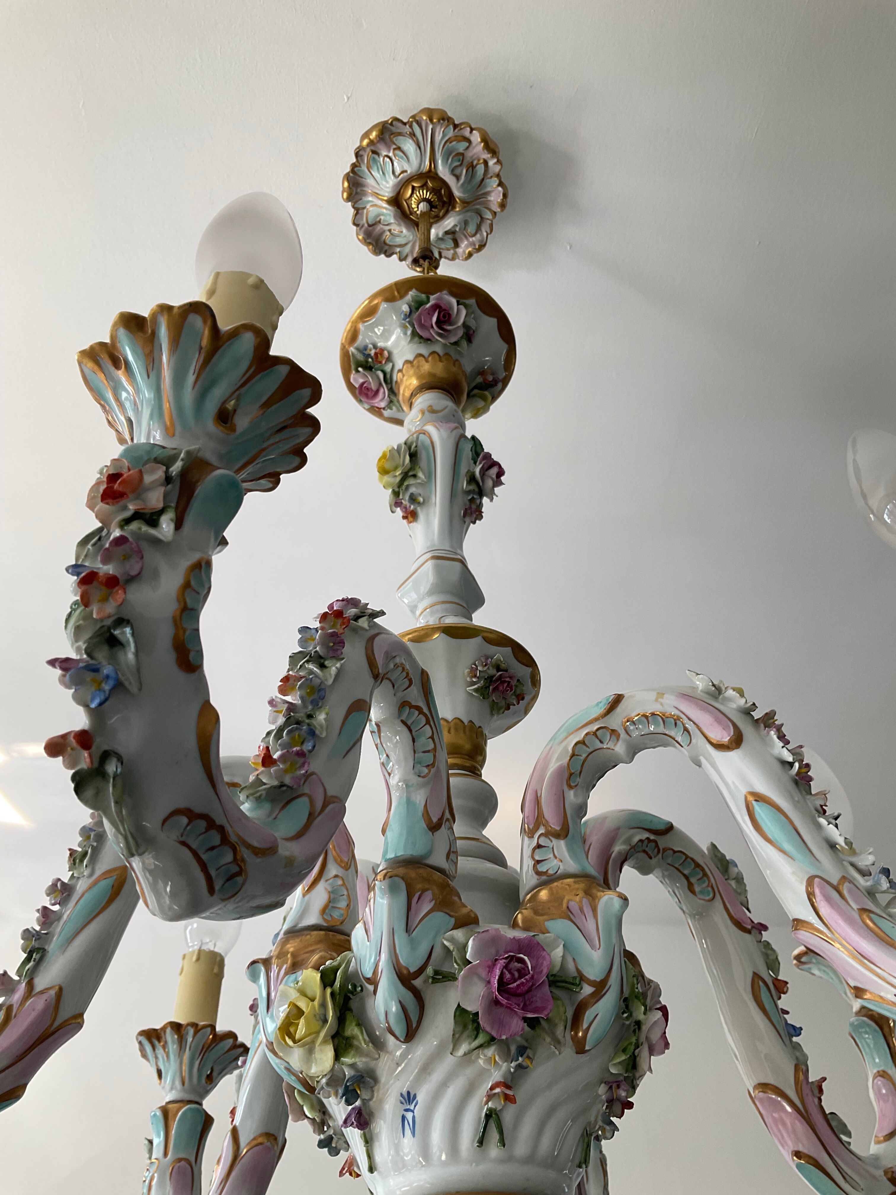 Old chandelier Capodimonte porcelain Italy 6 arms