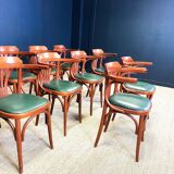Set of 10 wooden bistro armchairs with green leatherette palmette from the 80s France