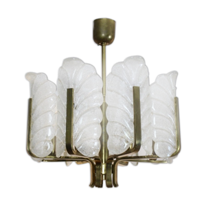 Lustre en laiton par Carl Fagerlund avec huit feuilles de verre pour Orrefors, Suède années 1960