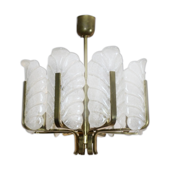 Carl Fagerlund brass chandelier with eight glass leaves for Orrefors, Sweden 1960s