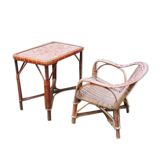 Desk with rattan and wicker armchair for children