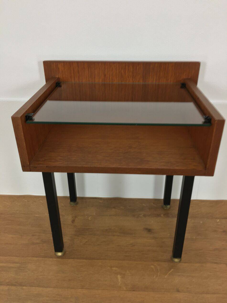 Modernist bedside table from the 1950s, wood and glass.