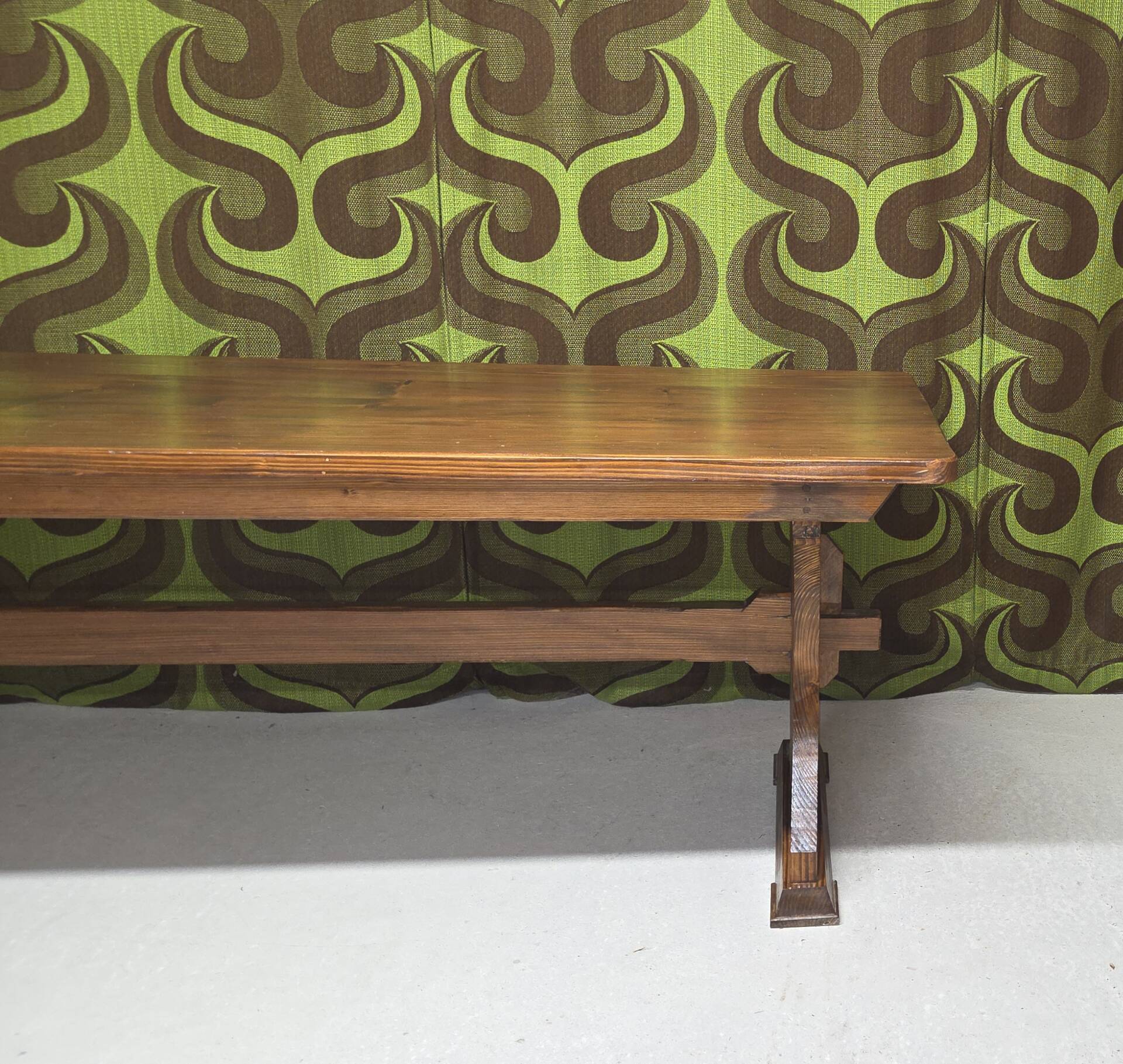 Large vintage table in solid pine, rustic brutalist, 70"