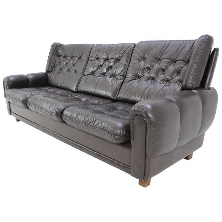Czech Brown Leather Sofa, 1970s