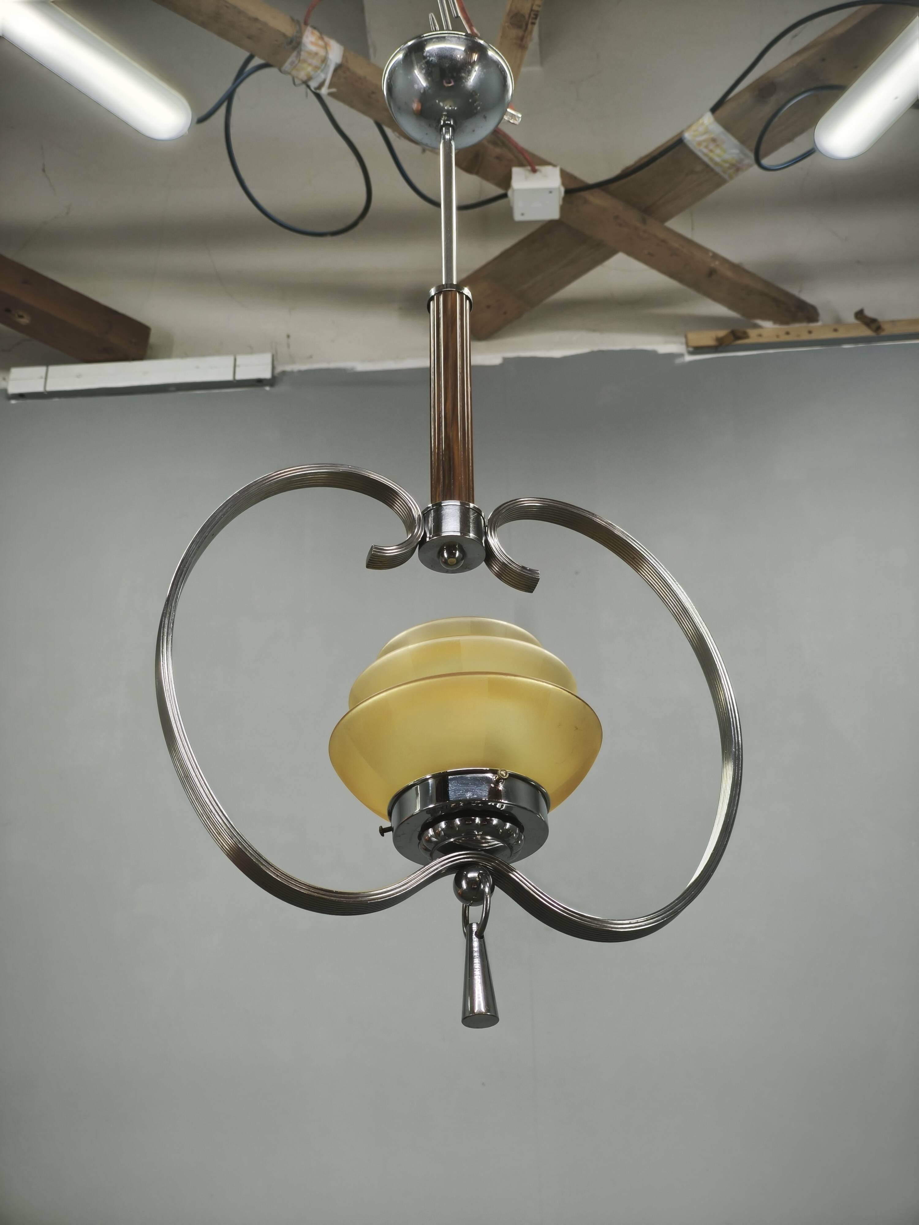 1930s Czech Art Deco Chrome and Frosted Glass Chandelier