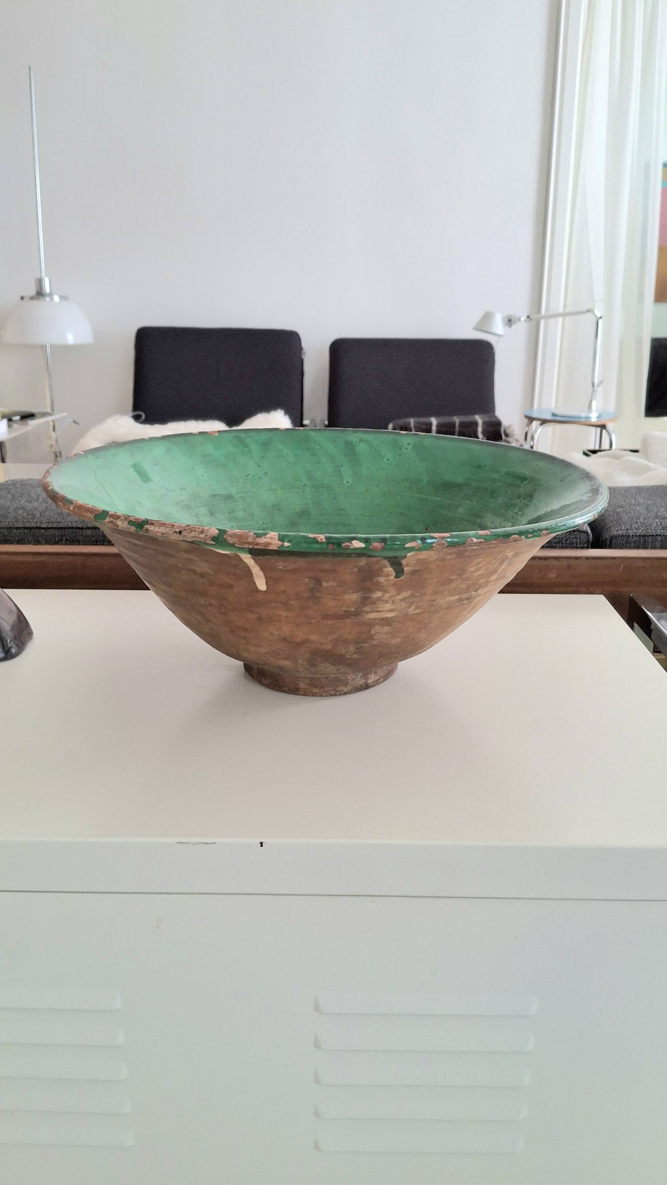19th century Antique Hand-Glazed Terracotta Conical Bowl in Emerald Gr