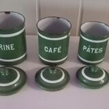 Set of 6 old enamelled jars with 6 trundle lids