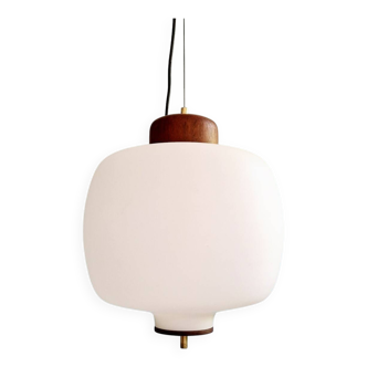 Suspension en teck et opaline blanche, design Goffredo Reggiani, 1960