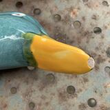 Charming Duck, slip, enameled ceramic terrine, white basket-shaped base and lid