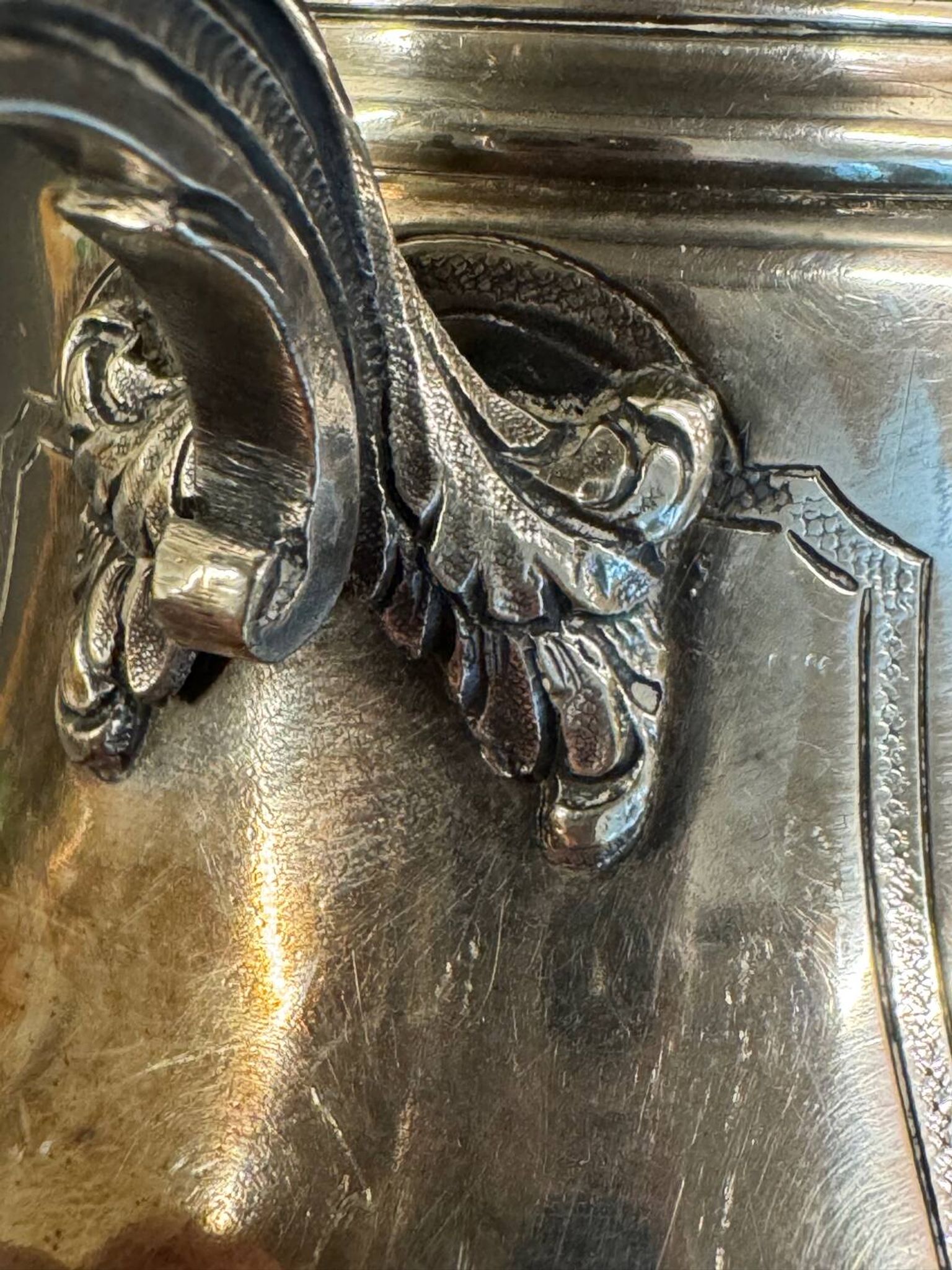 Antique silver-plated metal milk jug – Rococo style, chased decoration, early