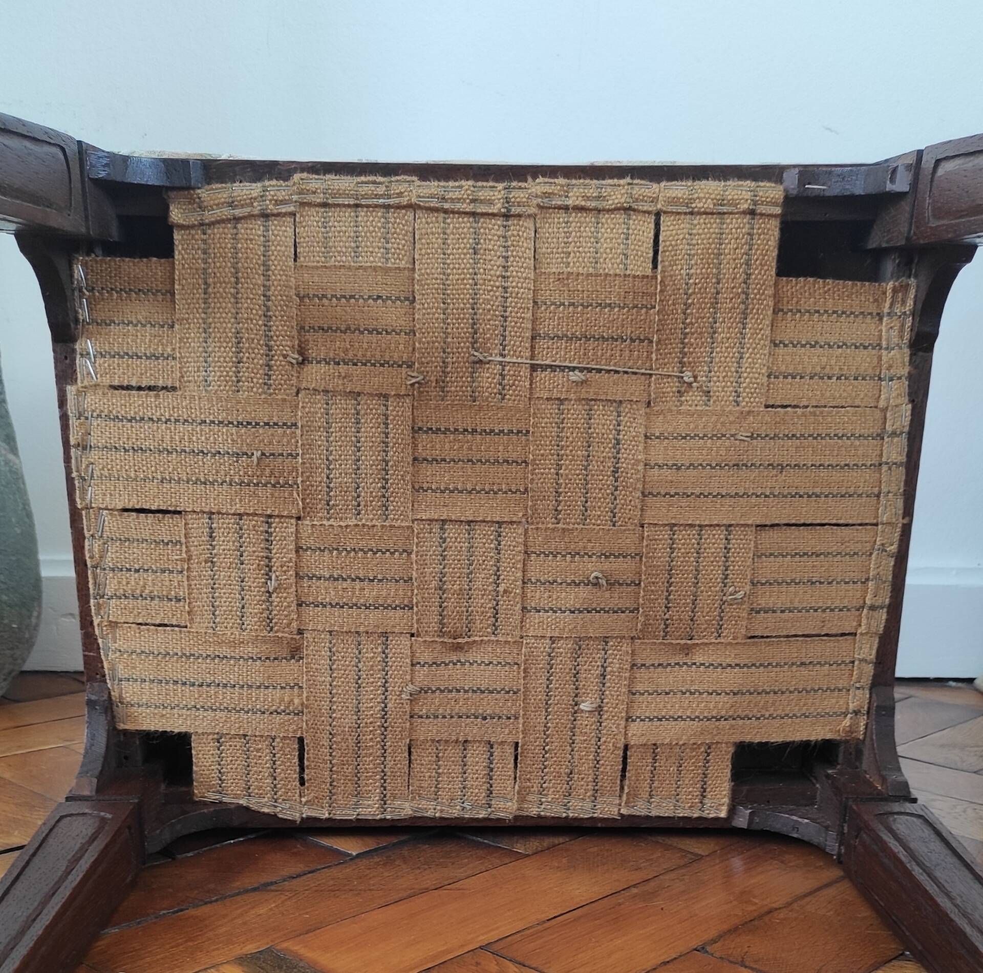 Footrest, vintage stool in solid oak with floral upholstery.