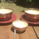 2 lunches - tea cups + sugar bowl - burgundy earthenware with gold trim - vintage 50/60