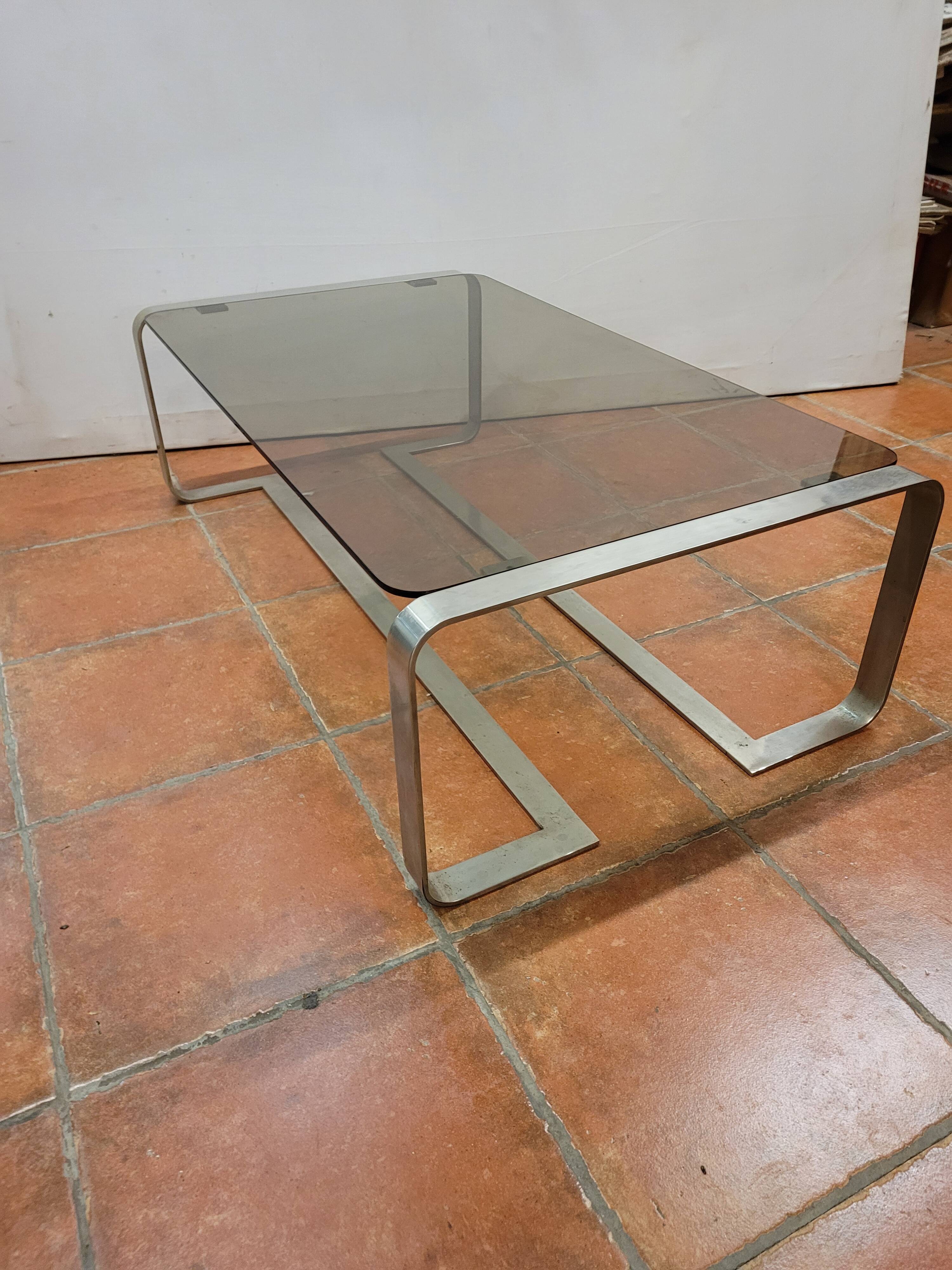 Coffee table with stainless steel base and smoked glass, from the 70s