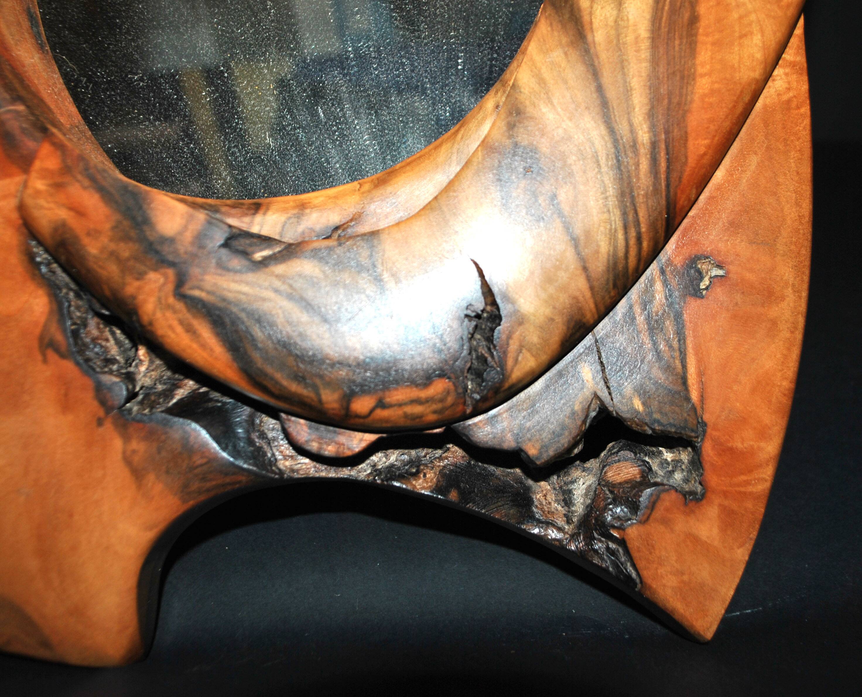 Vintage oval mirror in solid olive wood - Modernist design 1960-1970