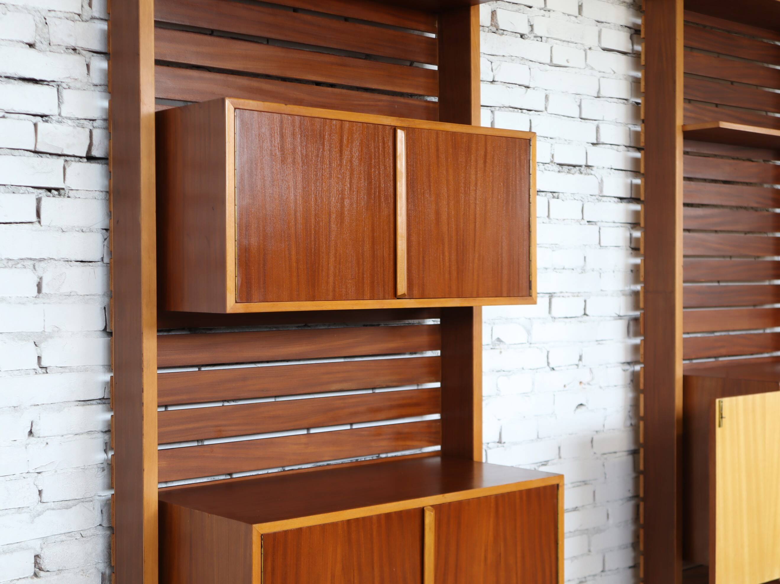 1950s Italian mid-century teak floor-to-ceiling wall unit