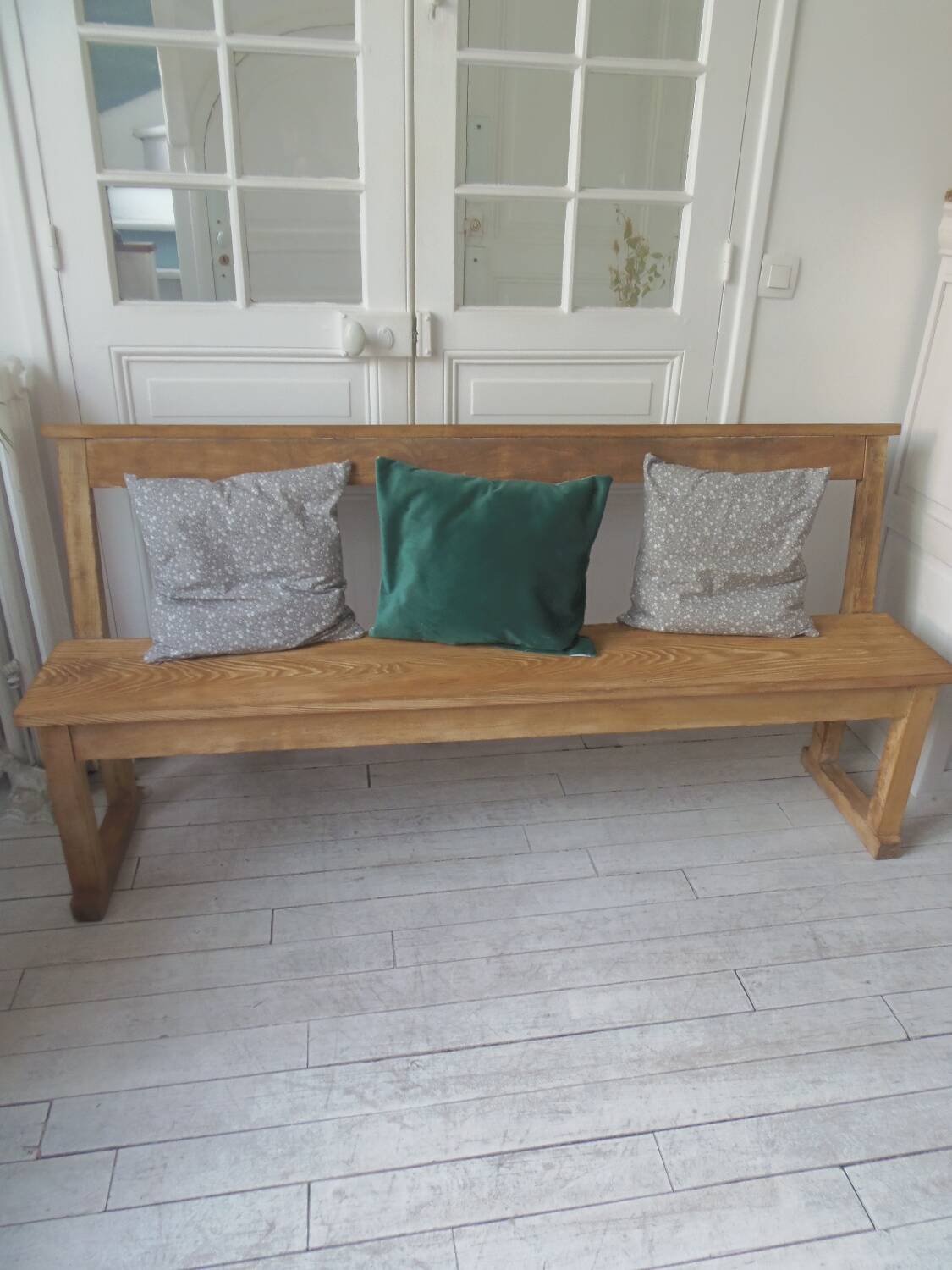 Church bench, end of bed in pitch pine with light oak waxed finish.