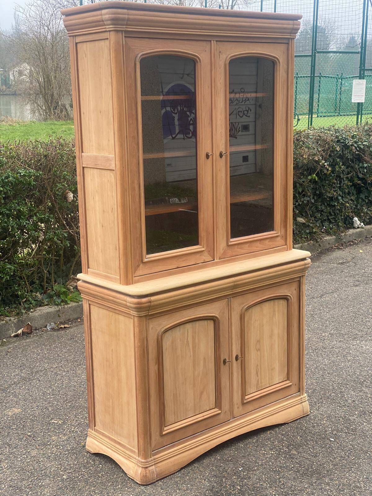Louis Philippe 2-body sideboard renovated in raw wood with 2 glass doors
