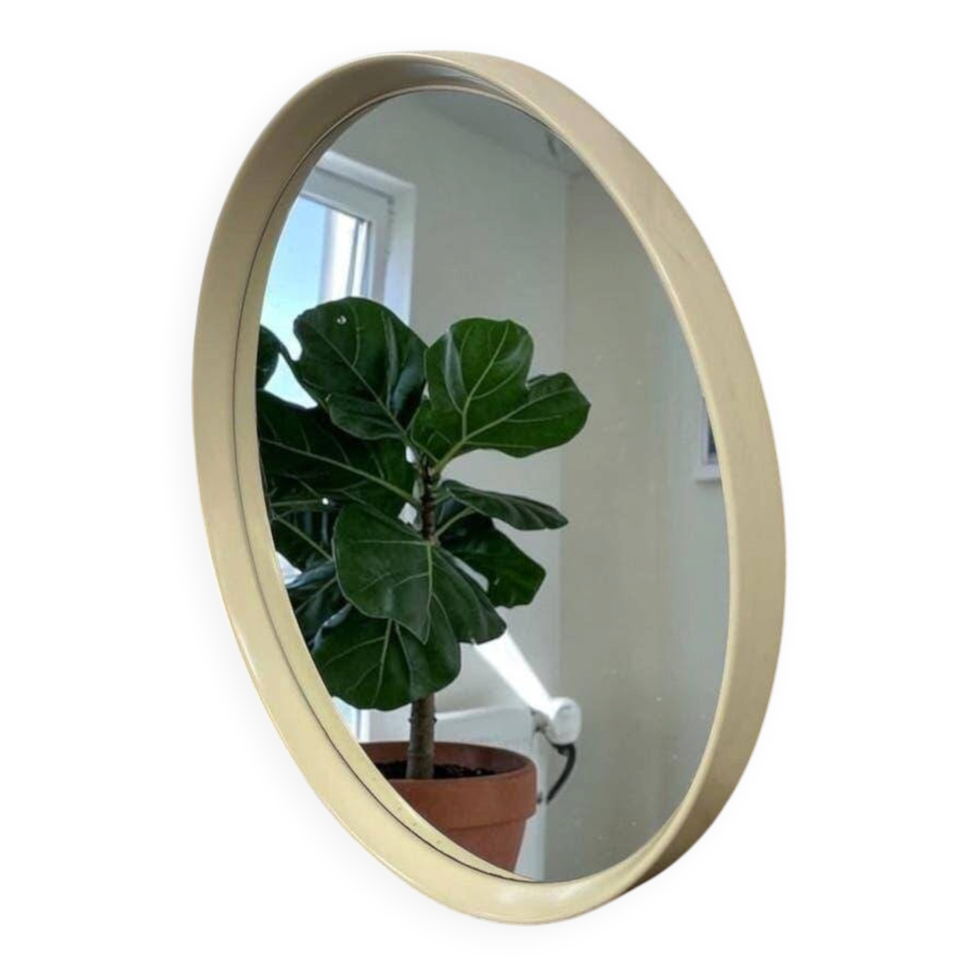 Beige vintage round mirror in a space style / wall mirror