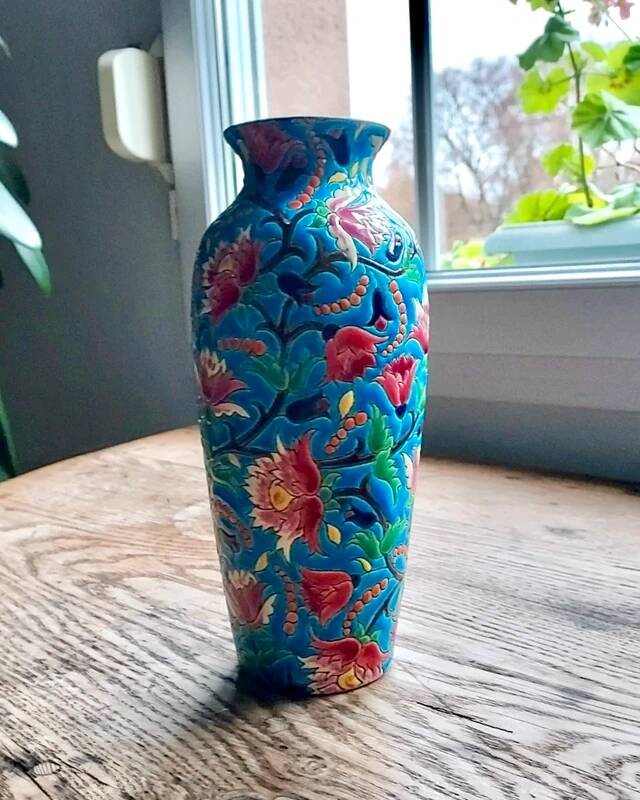 Longwy enamel vase – 24 cm high – decorative floral glazed earthenware