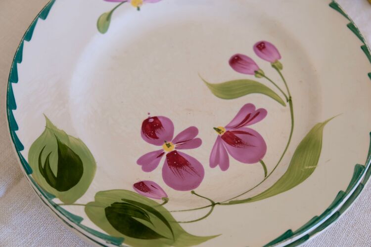 Ensemble de 3 assiettes St. Amand & Hamage 1896 - 1952 terre de fer décor florale peint à la main