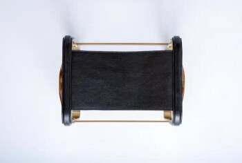 Footrest in aged brass and black leather, modern style, wanderlust