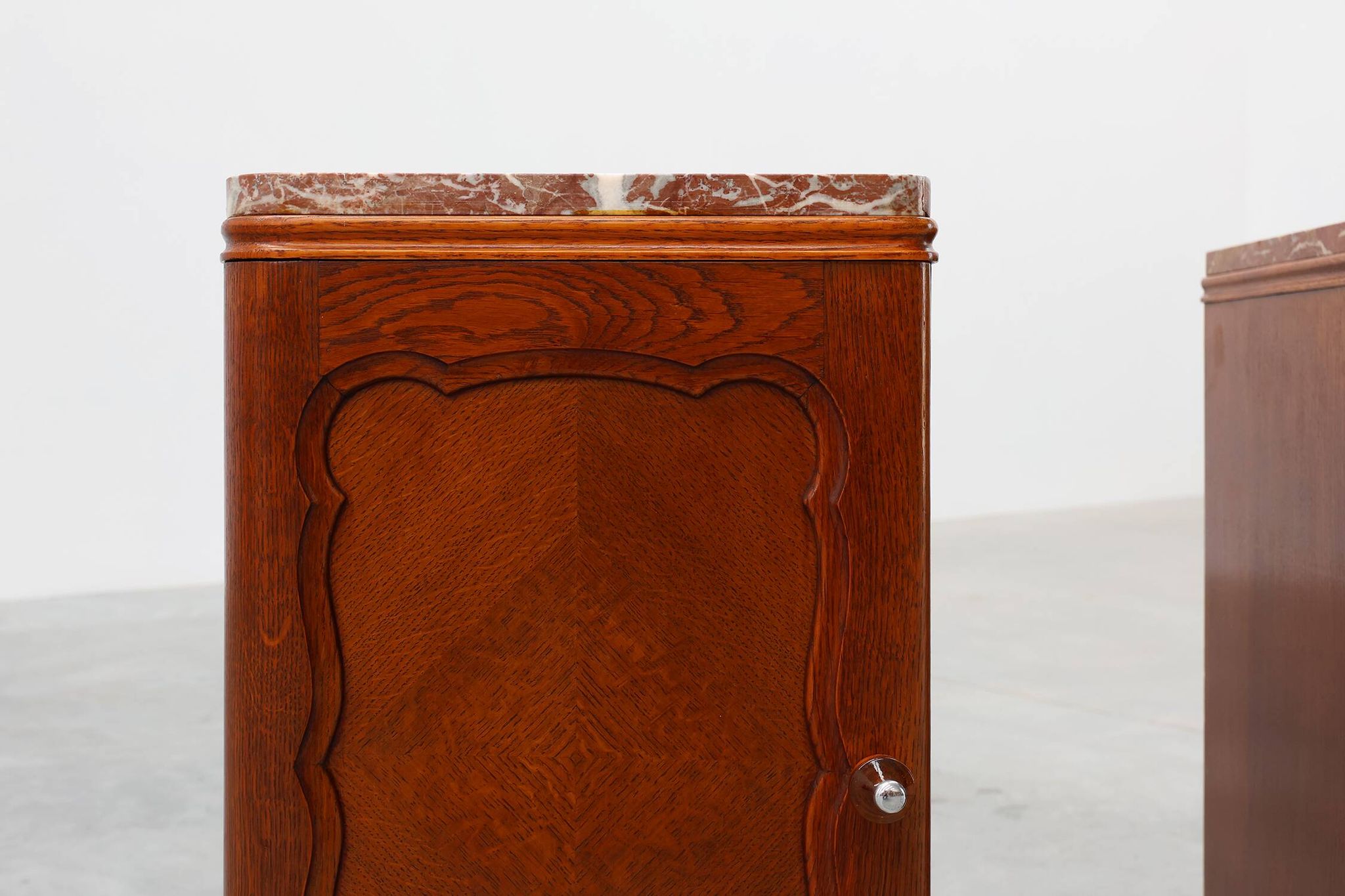 Pair of Art Deco nightstands in oak with marble top, France ca. 1925