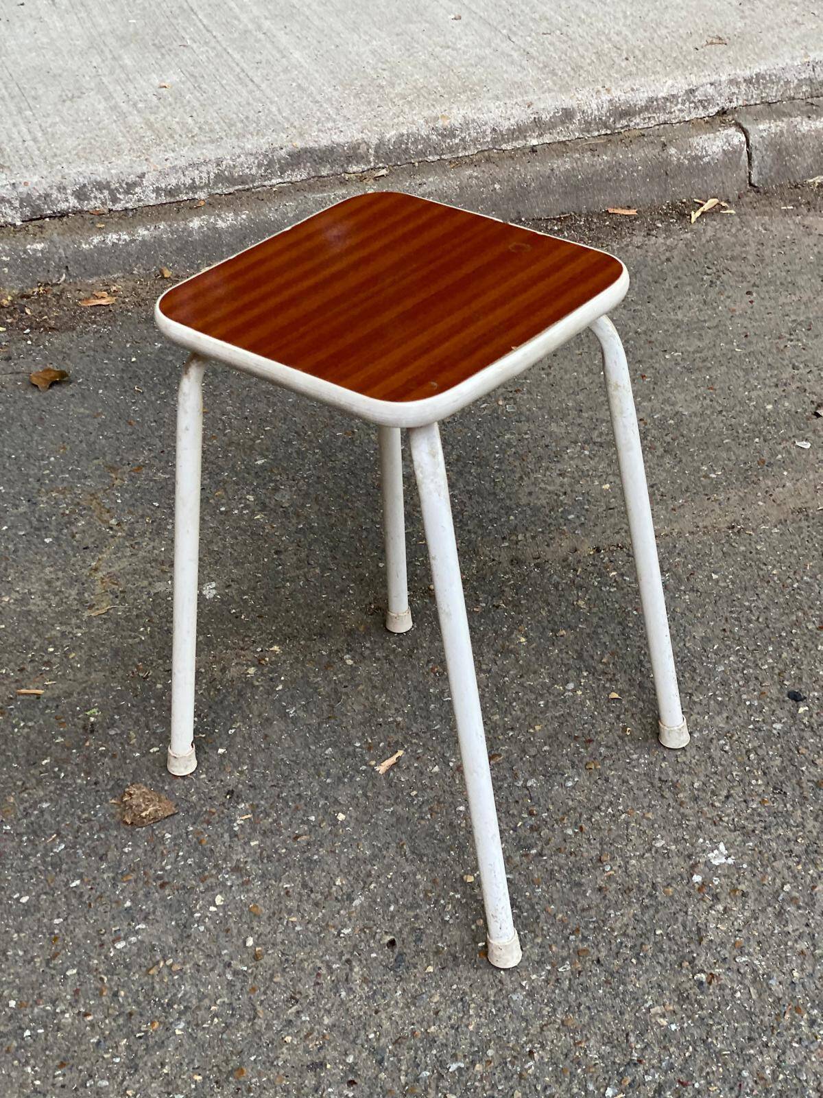Vintage wooden and white steel stool