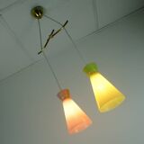 1950s mid century 2-light mid century pendant light glass shades and brass