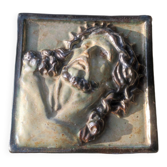 Ceramic plaque Head of Jesus Religious and decorative object Signed Pirson