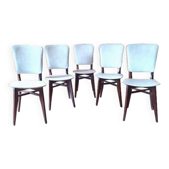 5 vintage chairs from the 60s, white leatherette, mahogany wood