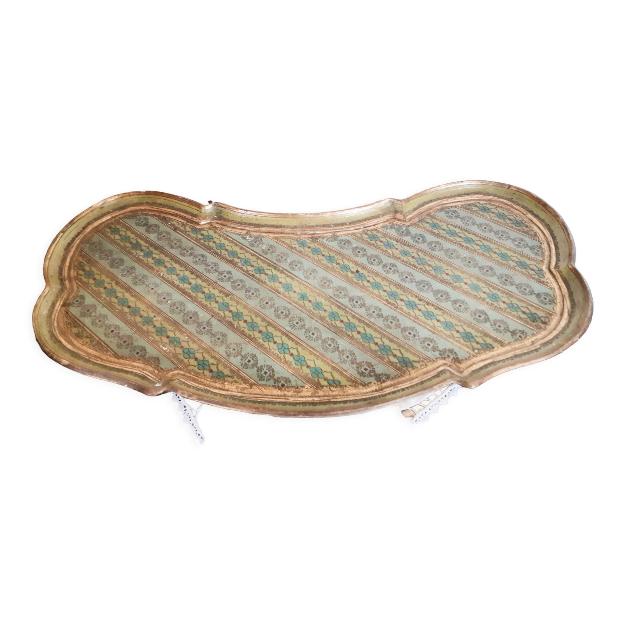 Venetian wooden tray, green and gold, vintage, 50s, bean shape