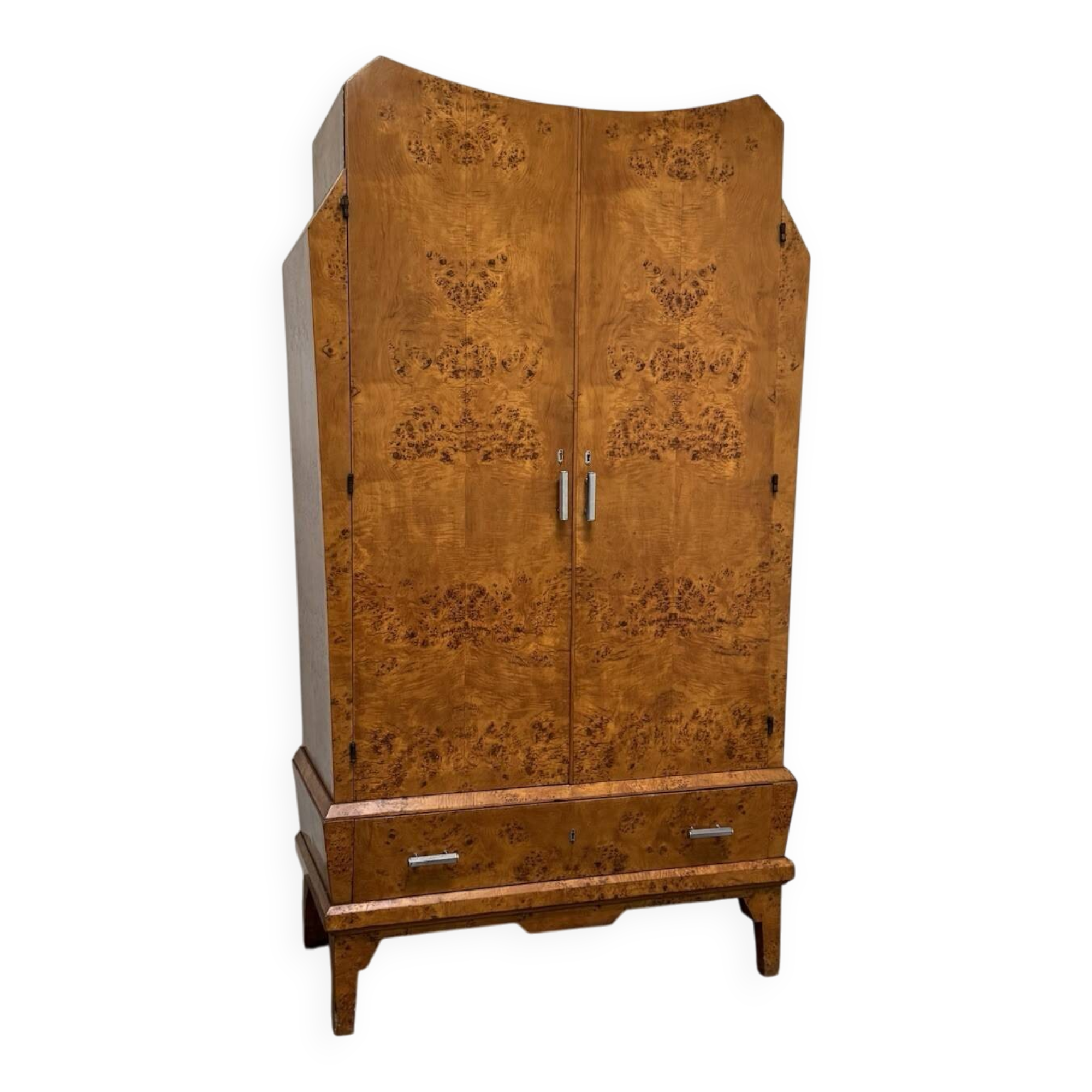 Cubist Art Deco wardrobe in burl 1940s modernist design